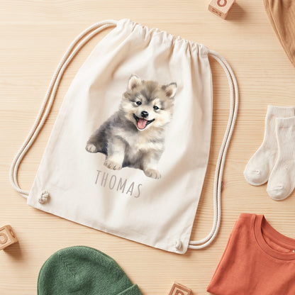 Wolf Turnbeutel Kinder personalisierter Sportbeutel für den Kindergarten Stoffbeutel mit Kordelzug