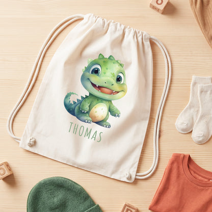 Dino Turnbeutel Kinder personalisierter Sportbeutel für den Kindergarten Stoffbeutel mit Kordelzug
