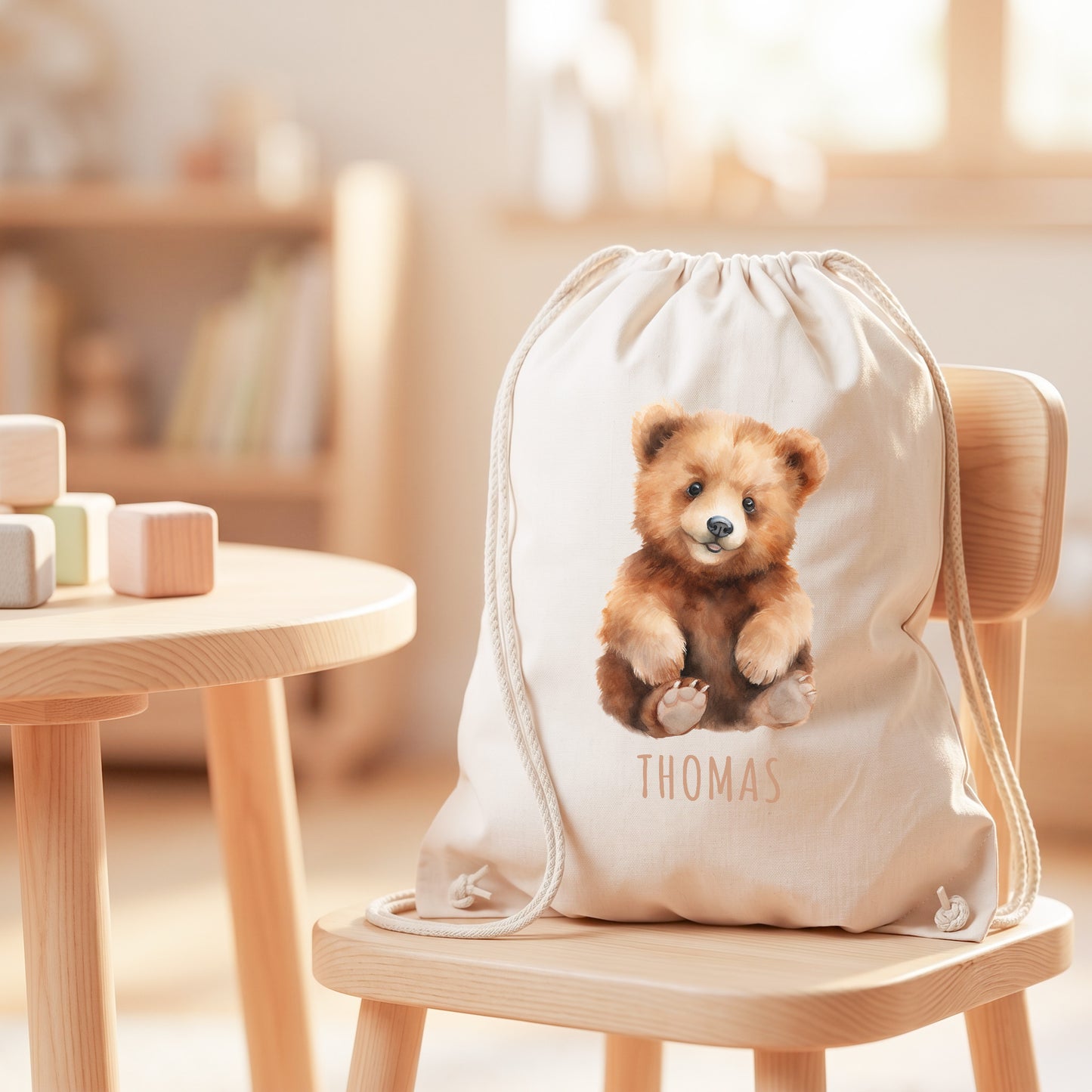 Bär Turnbeutel Kinder personalisierter Sportbeutel für den Kindergarten Stoffbeutel mit Kordelzug