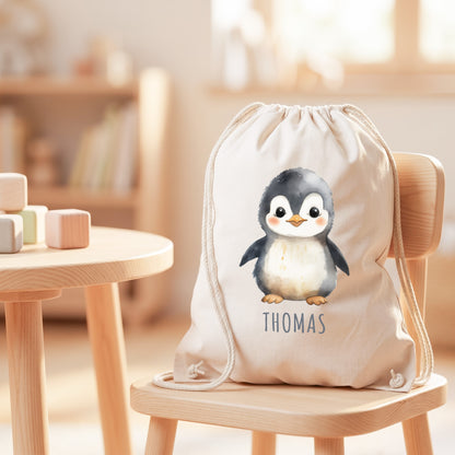 Pinguin Turnbeutel Kinder personalisierter Sportbeutel für den Kindergarten Stoffbeutel mit Kordelzug