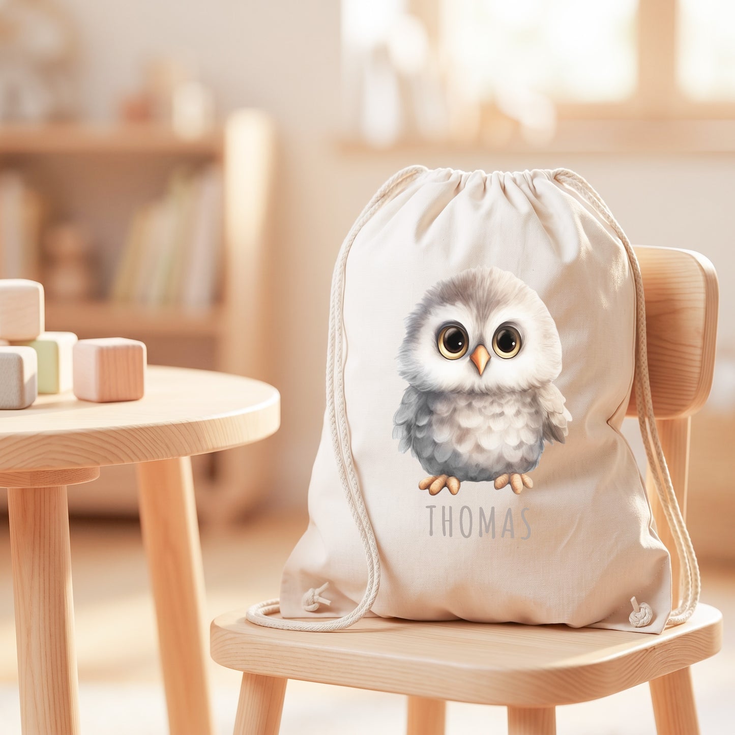 Eule Turnbeutel Kinder personalisierter Sportbeutel für den Kindergarten Stoffbeutel mit Kordelzug