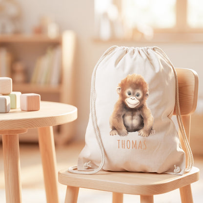 Affe Turnbeutel Kinder personalisierter Sportbeutel für den Kindergarten Stoffbeutel mit Kordelzug