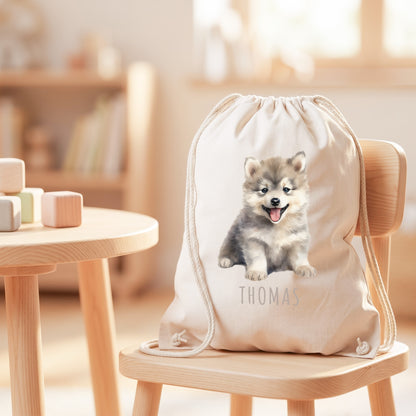 Wolf Turnbeutel Kinder personalisierter Sportbeutel für den Kindergarten Stoffbeutel mit Kordelzug