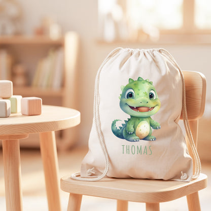Dino Turnbeutel Kinder personalisierter Sportbeutel für den Kindergarten Stoffbeutel mit Kordelzug