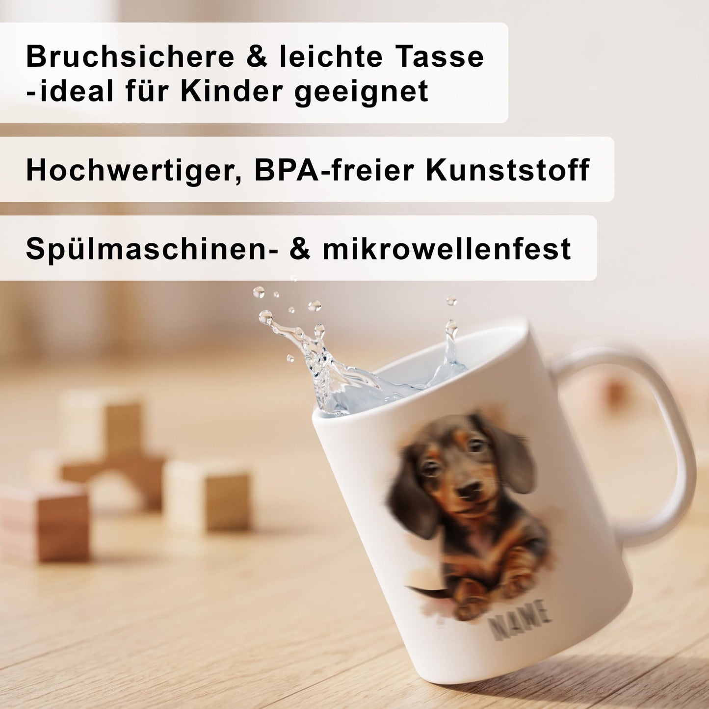 Bruchsichere Kindertasse leichte Kunststoff Tasse mit Henkel für Kindergarten, Dackel
