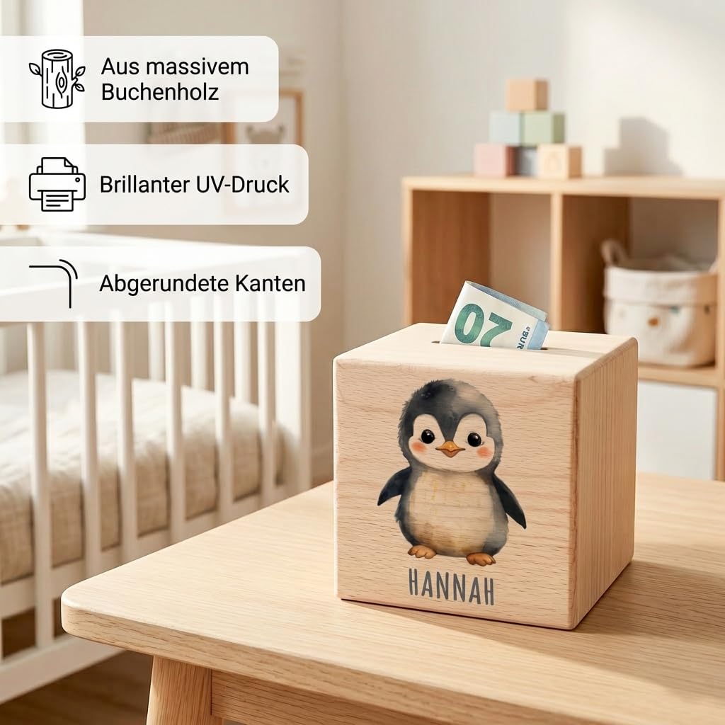 Pinguin Spardose für Kinder personalisiert Sparbox aus Holz Sparschwein mit Schlüssel Taufgeschenk für Jungen und Mädchen