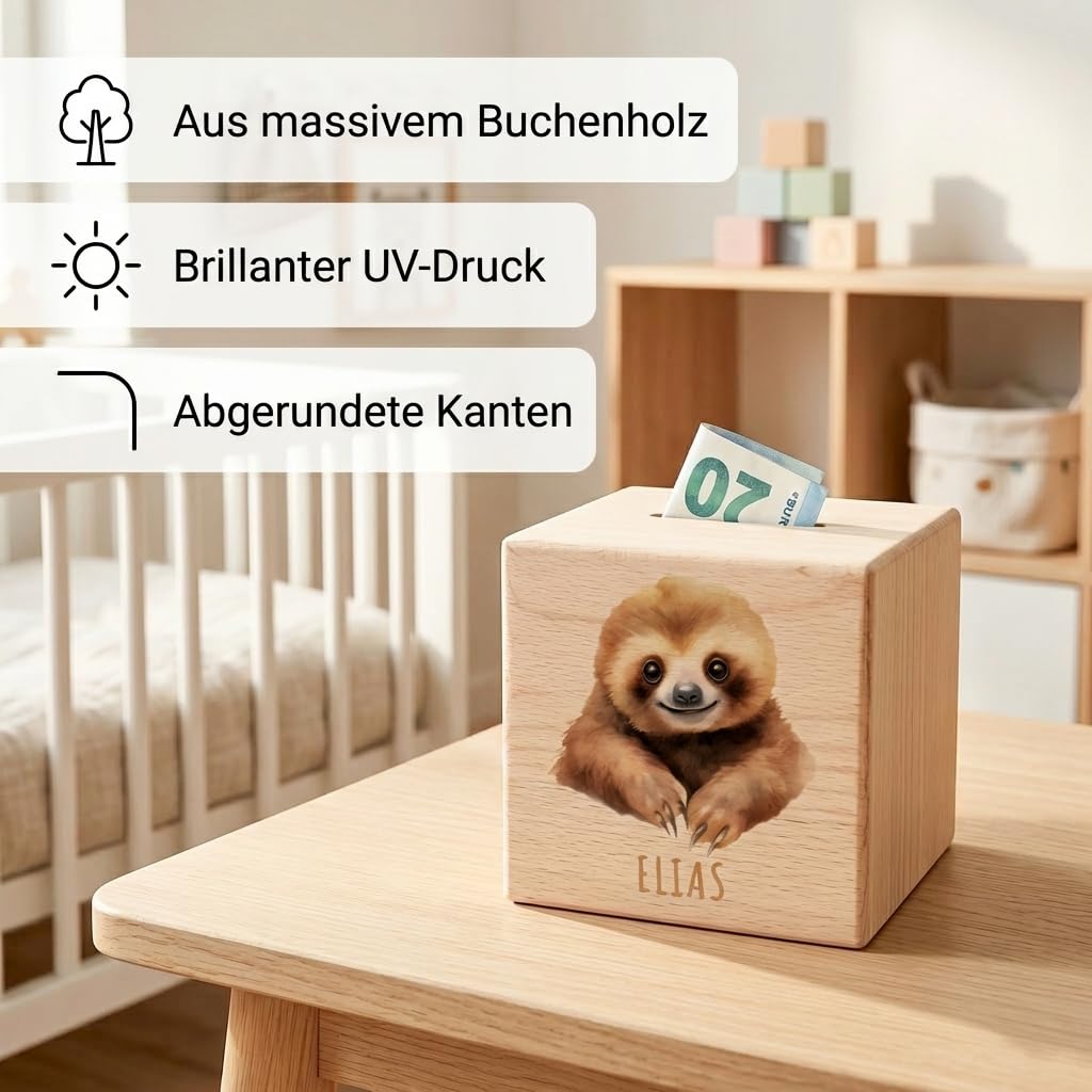 Faultier Spardose für Kinder personalisiert Sparbox aus Holz Sparschwein mit Schlüssel Taufgeschenk für Jungen und Mädchen