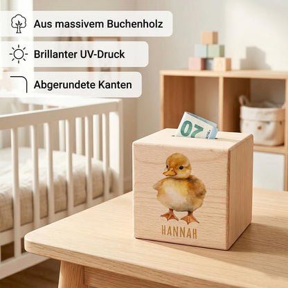 Ente Spardose für Kinder personalisiert Sparbox aus Holz Sparschwein mit Schlüssel Taufgeschenk für Jungen und Mädchen
