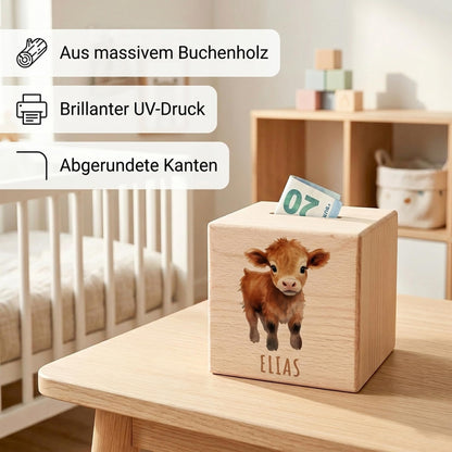 Kuh Spardose für Kinder personalisiert Sparbox aus Holz Sparschwein mit Schlüssel Taufgeschenk für Jungen und Mädchen