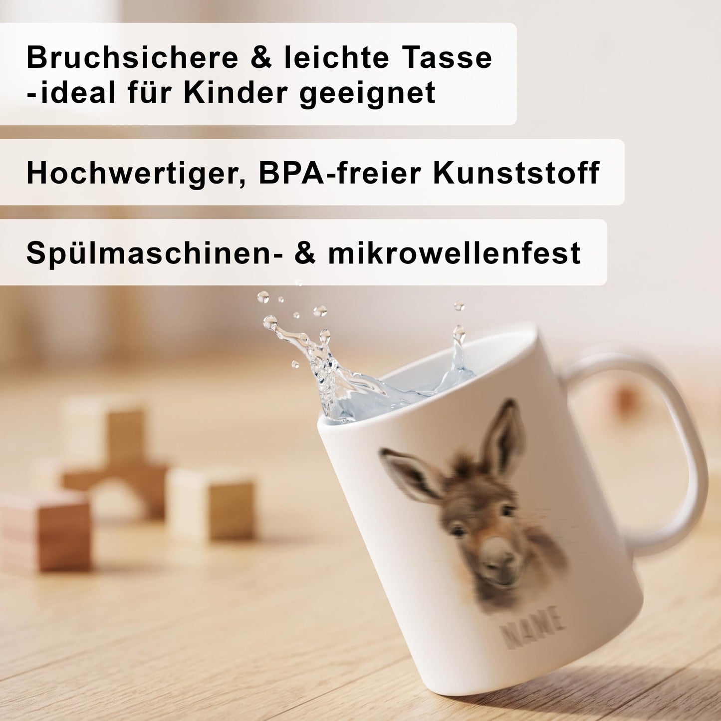 Bruchsichere Kindertasse leichte Kunststoff Tasse mit Henkel für Kindergarten, Esel