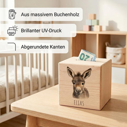 Esel Spardose für Kinder personalisiert Sparbox aus Holz Sparschwein mit Schlüssel Taufgeschenk für Jungen und Mädchen