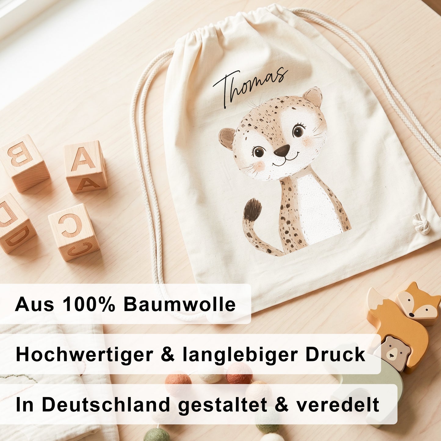 Leopard Turnbeutel für Kinder personalisierter Sportbeutel für den Kindergarten Stoffbeutel mit Kordelzug