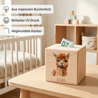 Alpaka Spardose für Kinder personalisiert Sparbox aus Holz Sparschwein mit Schlüssel Taufgeschenk für Jungen und Mädchen
