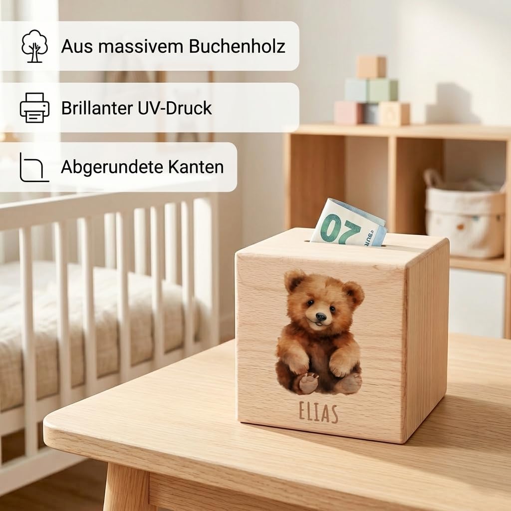 Bär Spardose für Kinder personalisiert Sparbox aus Holz Sparschwein mit Schlüssel Taufgeschenk für Jungen und Mädchen
