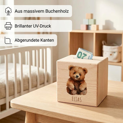 Bär Spardose für Kinder personalisiert Sparbox aus Holz Sparschwein mit Schlüssel Taufgeschenk für Jungen und Mädchen