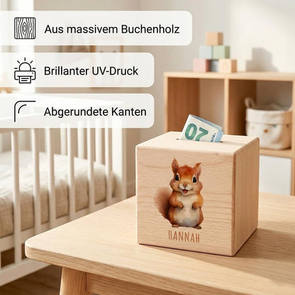 Eichhörnchen Spardose für Kinder personalisiert Sparbox aus Holz Sparschwein mit Schlüssel Taufgeschenk für Jungen und Mädchen