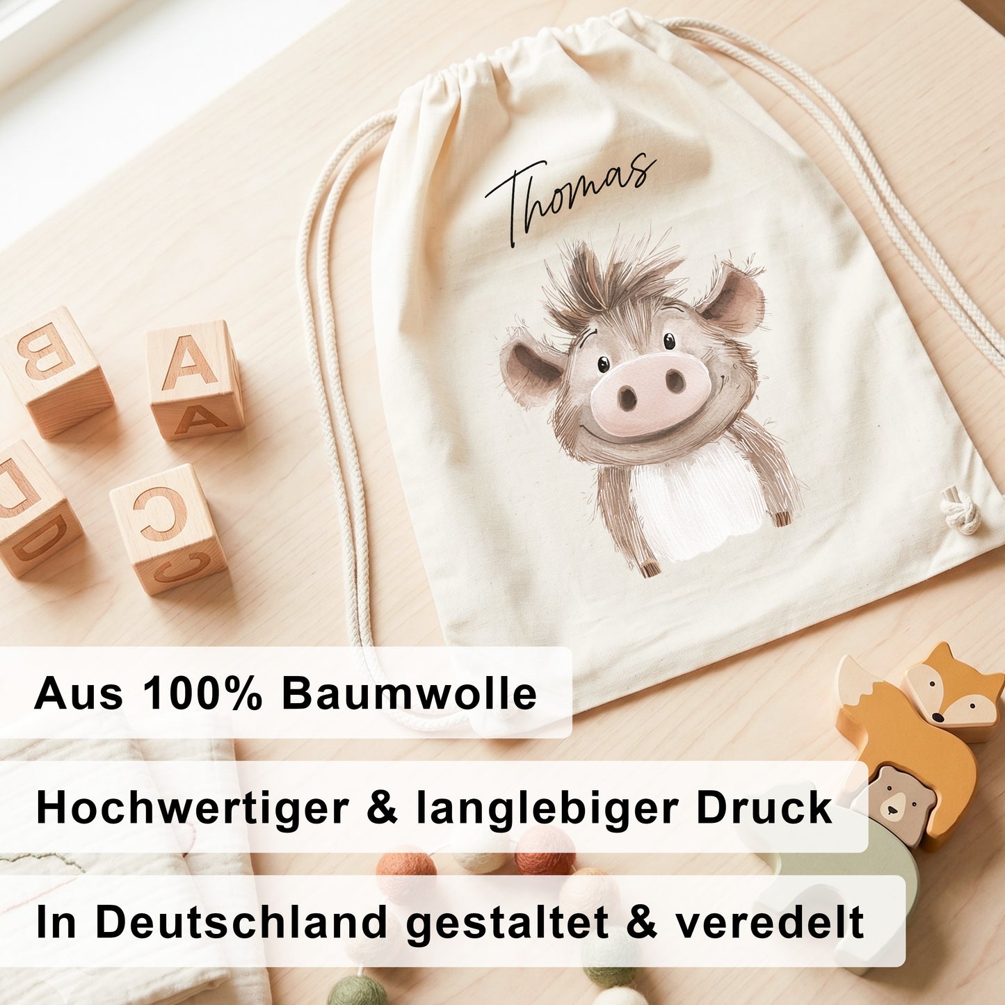 Warzenschwein Turnbeutel für Kinder personalisierter Sportbeutel für den Kindergarten Stoffbeutel mit Kordelzug