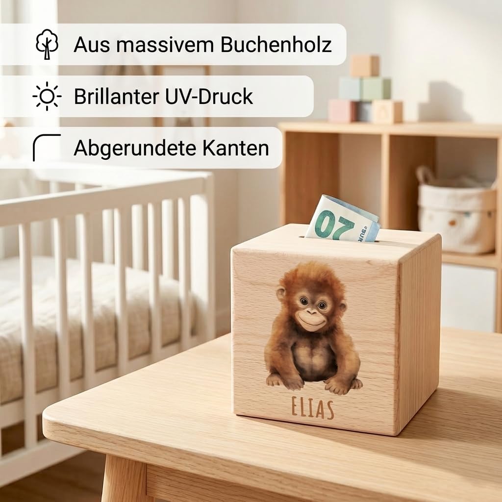Affe Spardose für Kinder personalisiert Sparbox aus Holz Sparschwein mit Schlüssel Taufgeschenk für Jungen und Mädchen