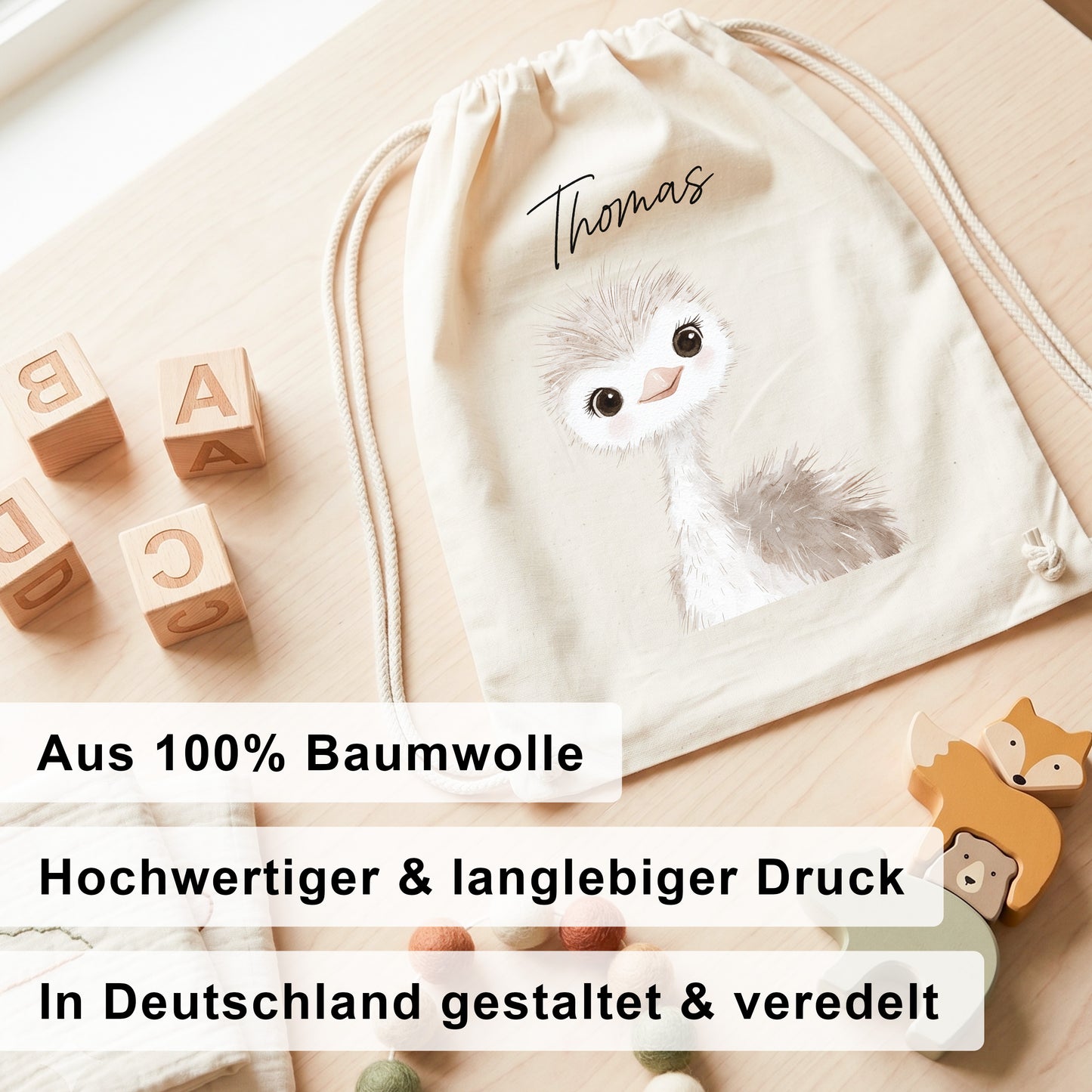 Strauß Turnbeutel für Kinder personalisierter Sportbeutel für den Kindergarten Stoffbeutel mit Kordelzug