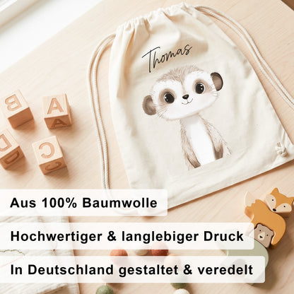 Erdmännchen Turnbeutel für Kinder personalisierter Sportbeutel für den Kindergarten Stoffbeutel mit Kordelzug