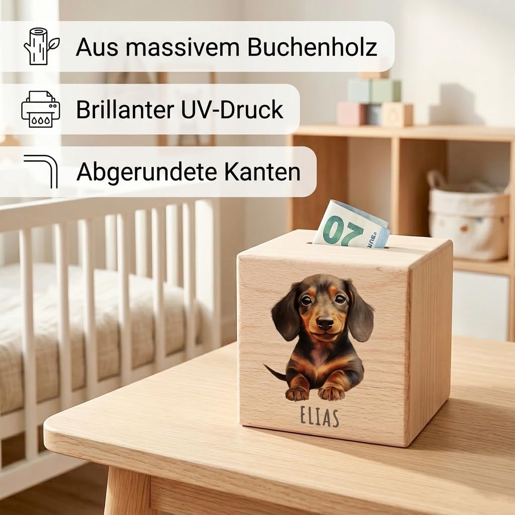Tier Spardose für Kinder personalisiert Sparbox aus Holz Sparschwein mit Schlüssel Taufgeschenk für Jungen und Mädchen (Dackel)