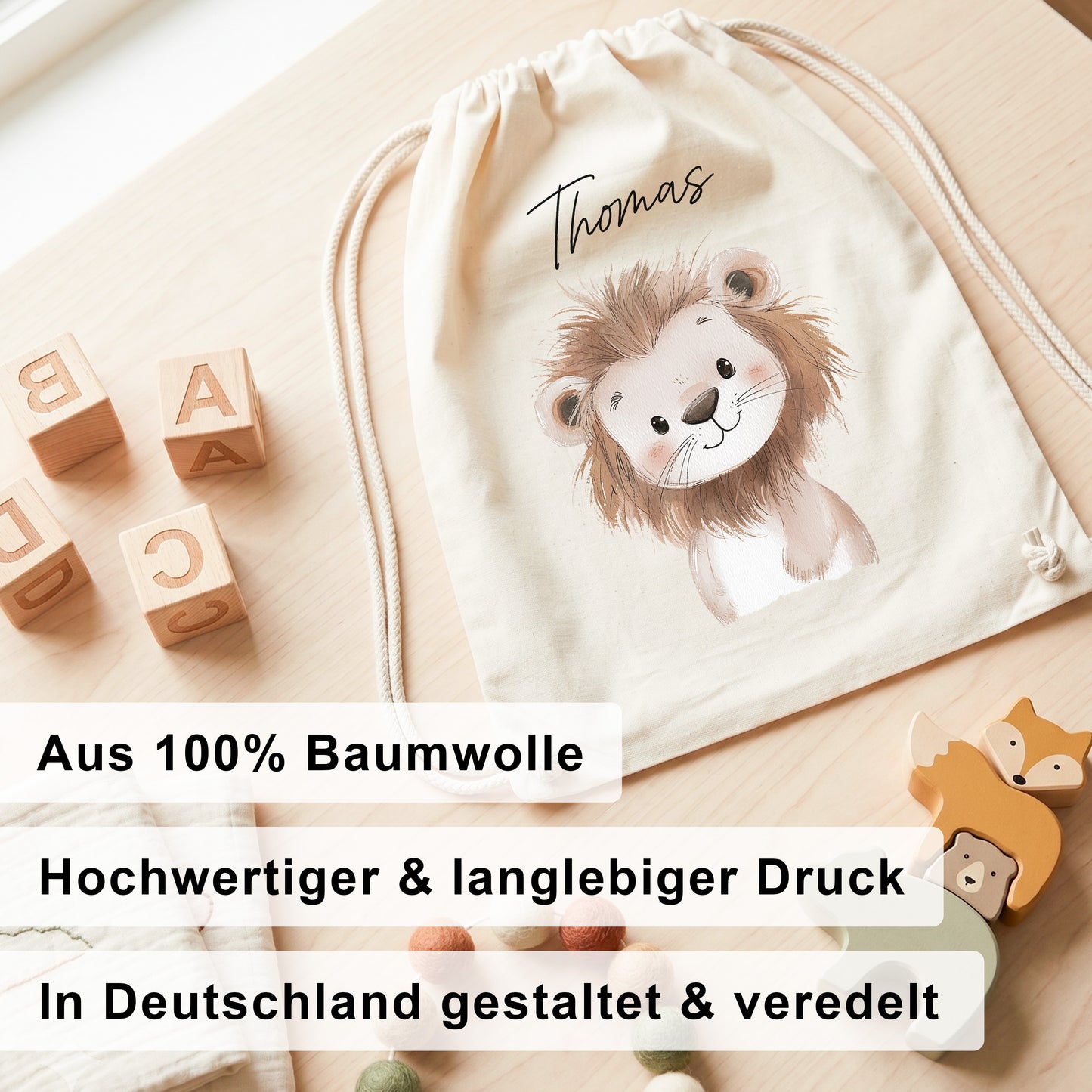 Löwe Turnbeutel für Kinder personalisierter Sportbeutel für den Kindergarten Stoffbeutel mit Kordelzug