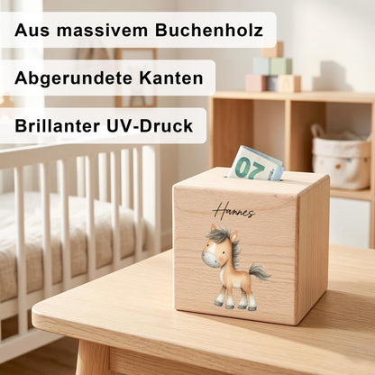Pferd Spardose für Kinder aus Holz personalisierte Sparbox Holzspardose mit Schlüssel als Geldgeschenk