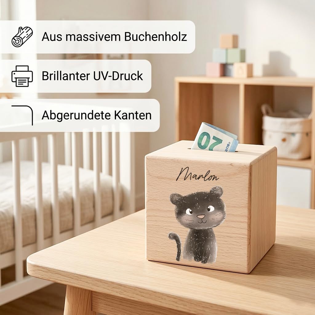 Spardose für Kinder Panter personalisiert Safari Tiere Sparbox aus Holz Sparschwein mit Schlüssel Taufgeschenk für Jungen & Mädchen
