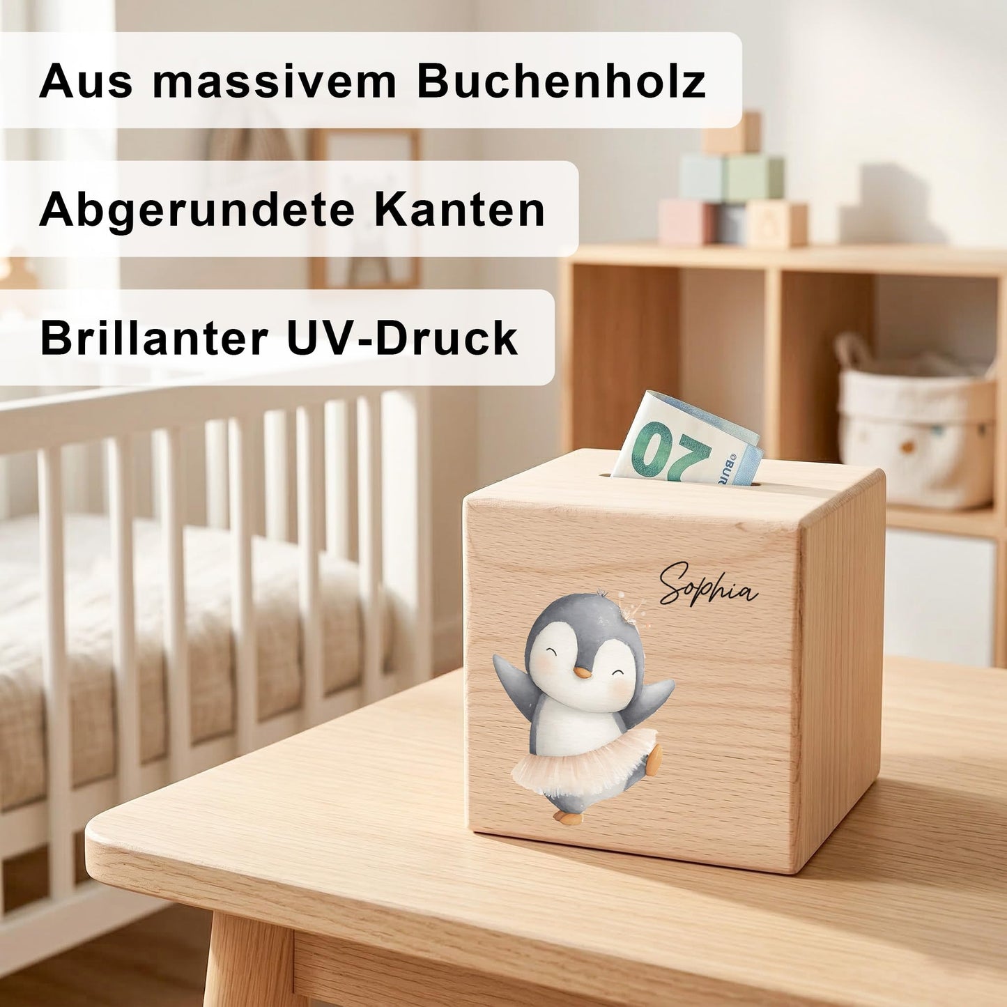 Spardose für Mädchen personalisierte Sparbox aus Holz mit Pinguin Geldgeschenk für Kinder