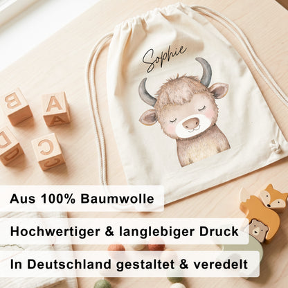Stier Turnbeutel Kinder personalisierter Sportbeutel für Kindergarten & Kita Stoffbeutel mit Kordelzug