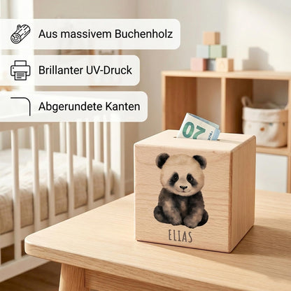 Panda Spardose für Kinder personalisiert Sparbox aus Holz Sparschwein mit Schlüssel Taufgeschenk für Jungen und Mädchen