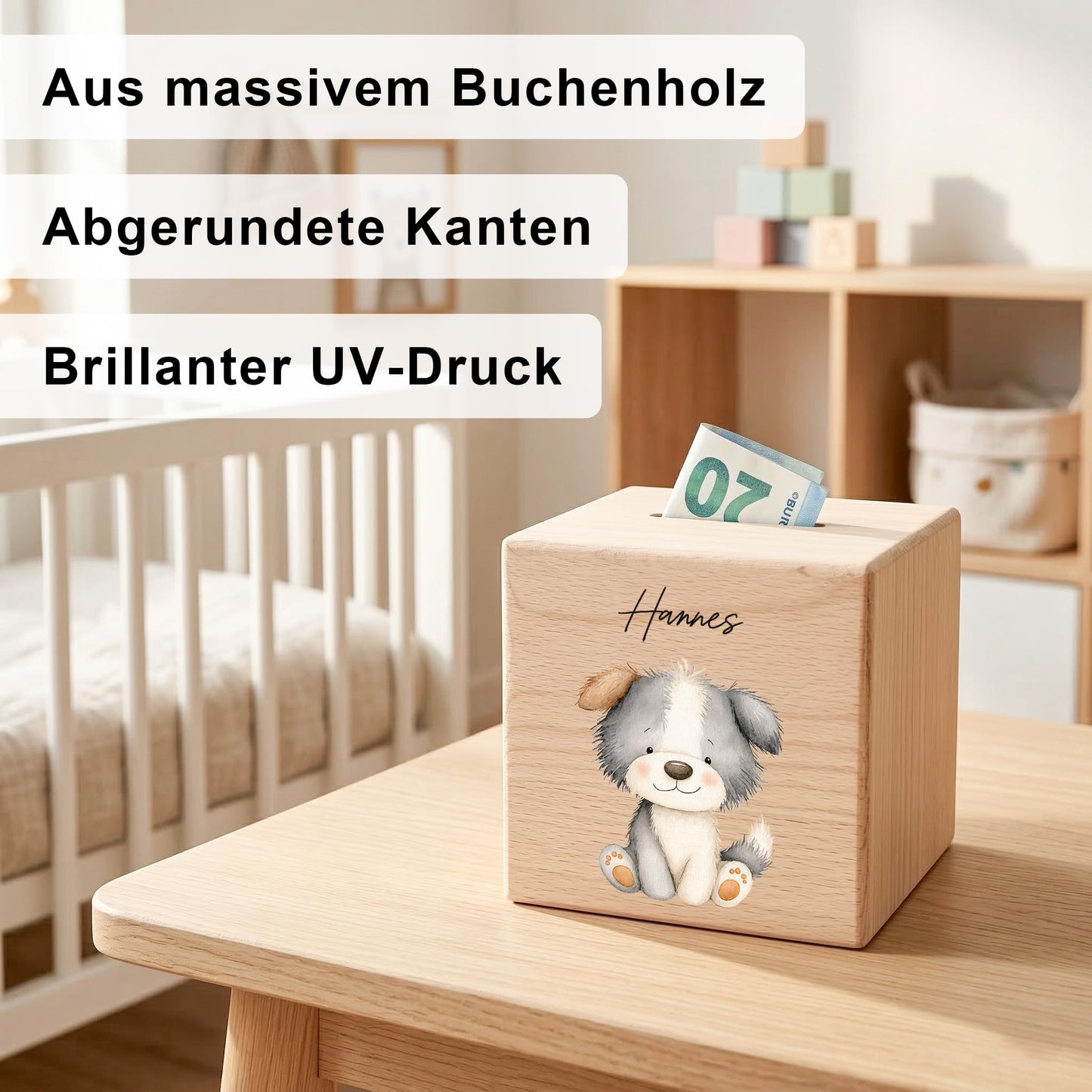 Hund Spardose für Kinder aus Holz personalisierte Sparbox Holzspardose mit Schlüssel als Geldgeschenk