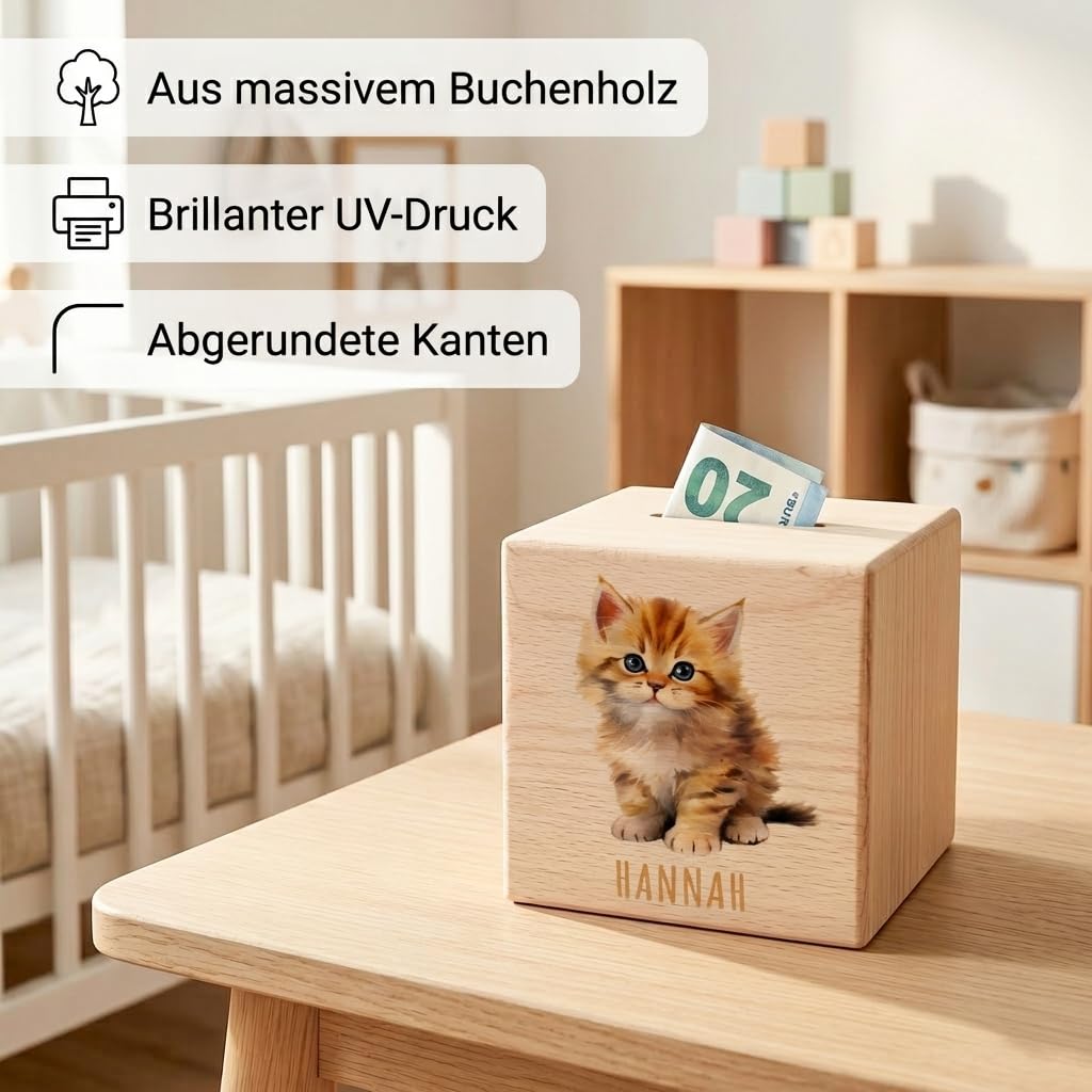Katze Spardose für Kinder personalisiert Sparbox aus Holz Sparschwein mit Schlüssel Taufgeschenk für Jungen und Mädchen
