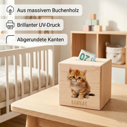 Katze Spardose für Kinder personalisiert Sparbox aus Holz Sparschwein mit Schlüssel Taufgeschenk für Jungen und Mädchen
