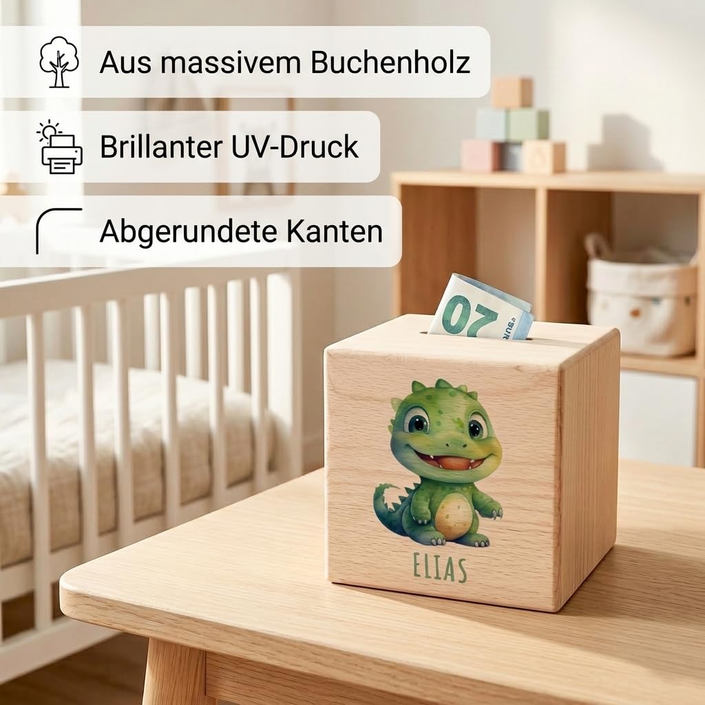 Dino Spardose für Kinder personalisiert Sparbox aus Holz T-Rex Sparschwein mit Schlüssel Taufgeschenk für Jungen und Mädchen