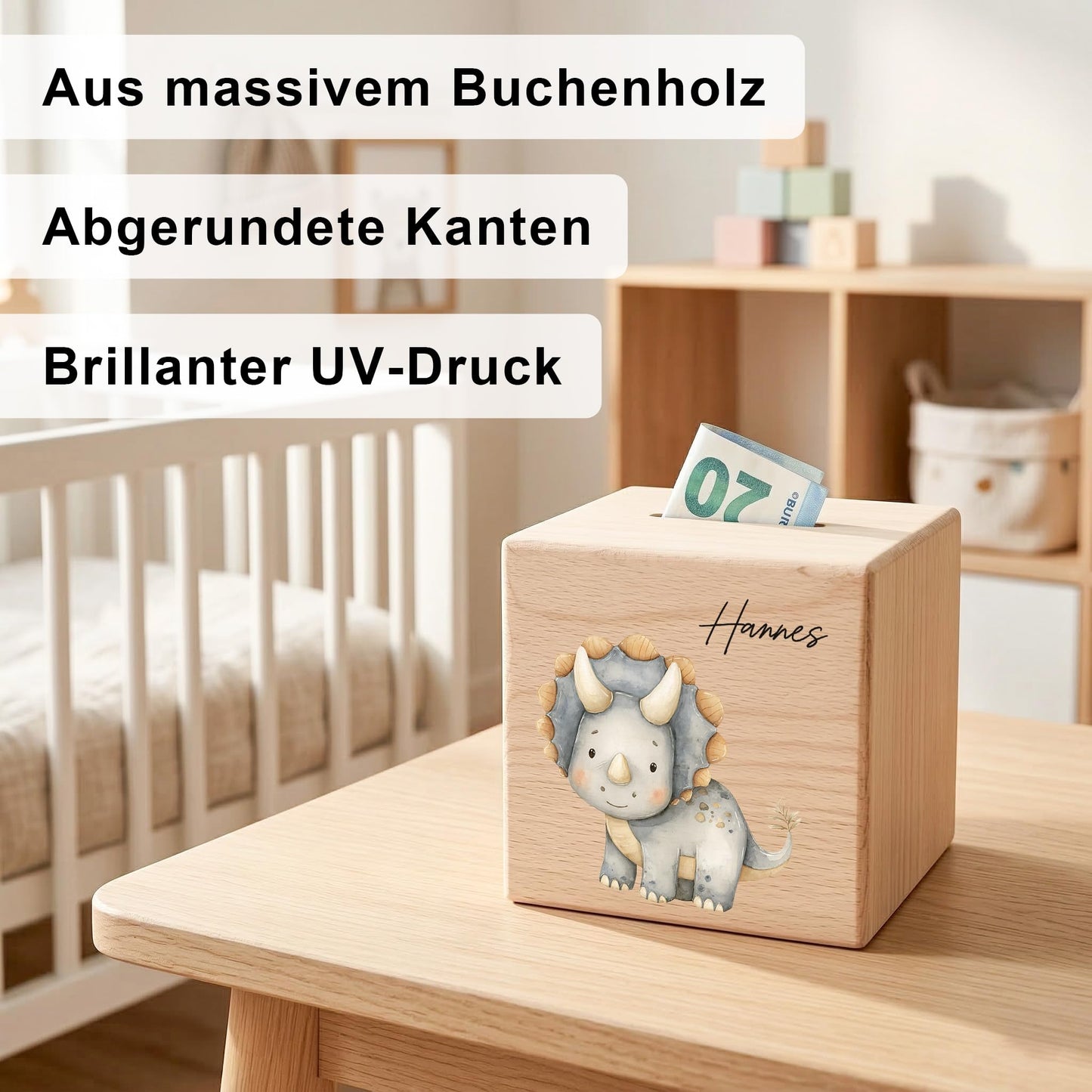 Spardose Dino für Jungen personalisierte Sparbox aus Holz Sparschwein für Kinder V8