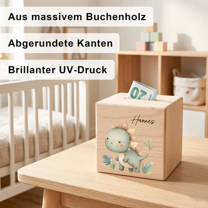 Spardose Dino für Jungen personalisierte Sparbox aus Holz Sparschwein für Kinder V4