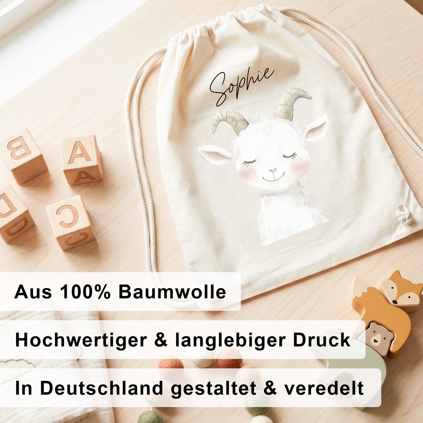 Ziege Turnbeutel Kinder personalisierter Sportbeutel für Kindergarten & Kita Stoffbeutel mit Kordelzug