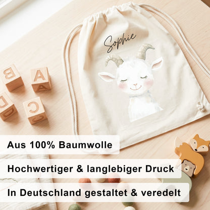 Ziege Turnbeutel Kinder personalisierter Sportbeutel für Kindergarten & Kita Stoffbeutel mit Kordelzug