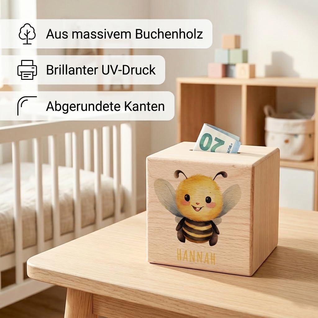 Biene Spardose für Kinder personalisiert Sparbox aus Holz Sparschwein mit Schlüssel Taufgeschenk für Jungen und Mädchen