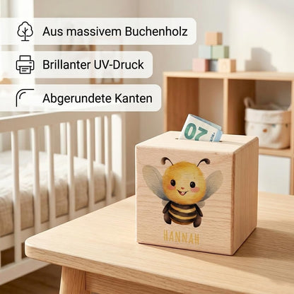 Biene Spardose für Kinder personalisiert Sparbox aus Holz Sparschwein mit Schlüssel Taufgeschenk für Jungen und Mädchen