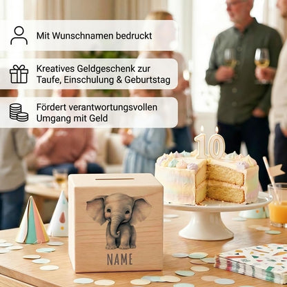 Elefant Spardose für Kinder personalisiert Sparbox aus Holz Sparschwein mit Schlüssel Taufgeschenk für Jungen und Mädchen
