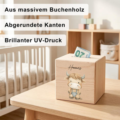 Bulle Spardose für Kinder aus Holz personalisierte Sparbox Holzspardose mit Schlüssel als Geldgeschenk