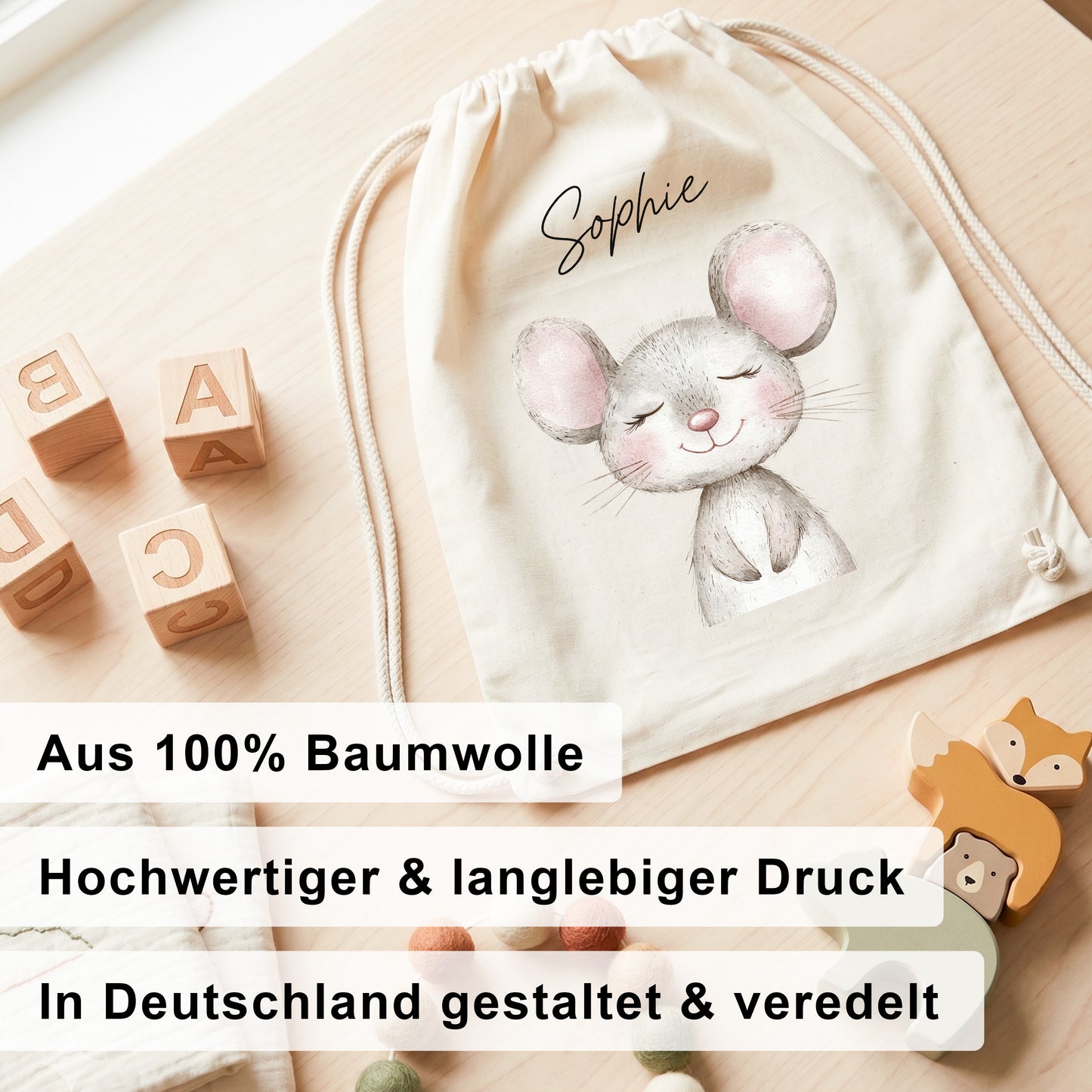 Maus Turnbeutel Kinder personalisierter Sportbeutel für Kindergarten & Kita Stoffbeutel mit Kordelzug
