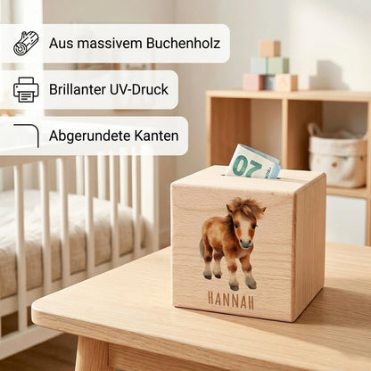 Pferde Spardose für Kinder personalisiert Sparbox aus Holz Sparschwein mit Schlüssel Taufgeschenk für Jungen und Mädchen