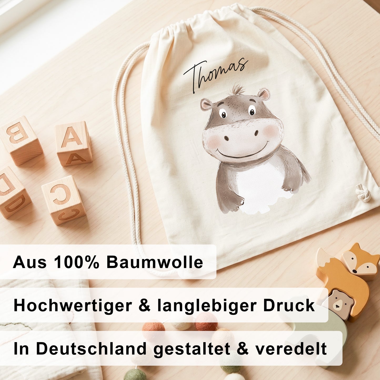 Nilpferd Turnbeutel für Kinder personalisierter Sportbeutel für den Kindergarten Stoffbeutel mit Kordelzug