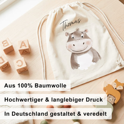Nilpferd Turnbeutel für Kinder personalisierter Sportbeutel für den Kindergarten Stoffbeutel mit Kordelzug