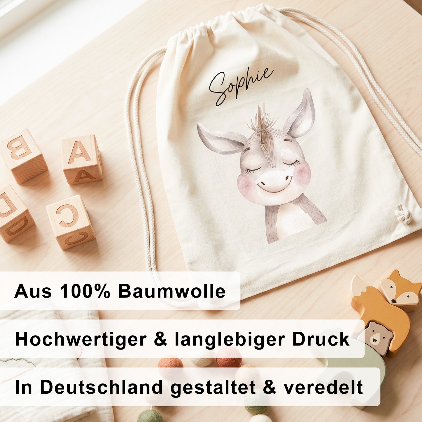 Esel Turnbeutel Kinder personalisierter Sportbeutel für Kindergarten & Kita Stoffbeutel mit Kordelzug