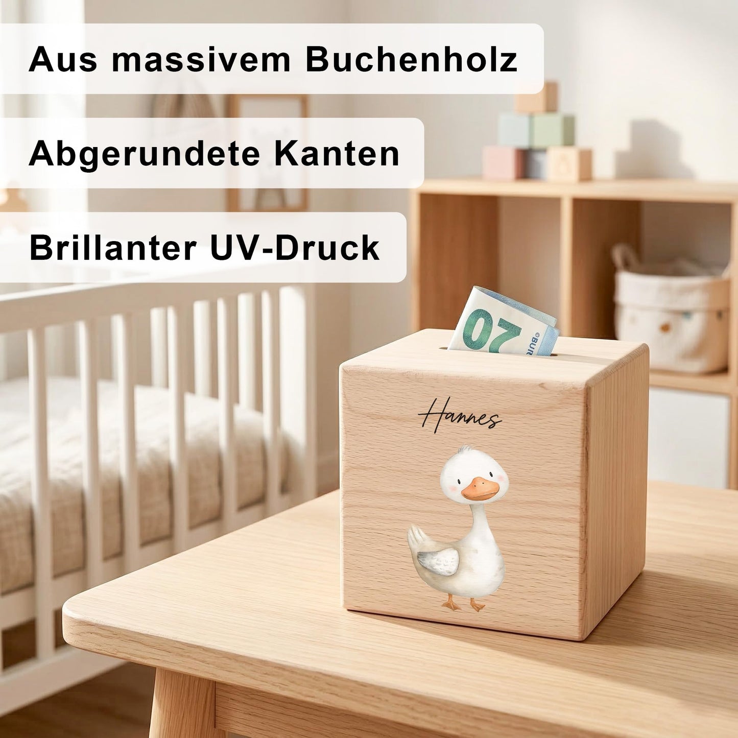 Gans Spardose für Kinder aus Holz personalisierte Sparbox Holzspardose mit Schlüssel als Geldgeschenk