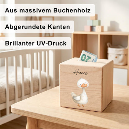 Gans Spardose für Kinder aus Holz personalisierte Sparbox Holzspardose mit Schlüssel als Geldgeschenk